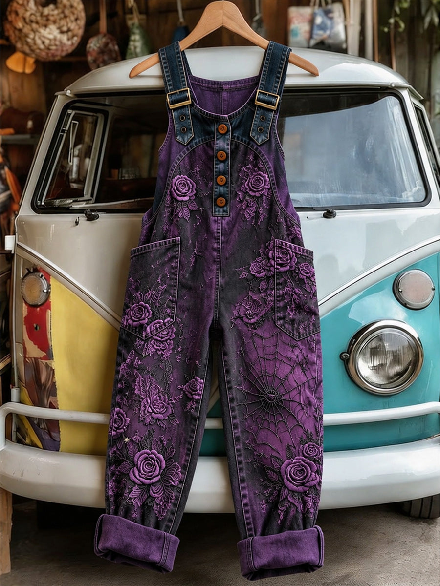 Women's Retro Style Art Print Washed Cotton Denim Patchwork Jumpsuit